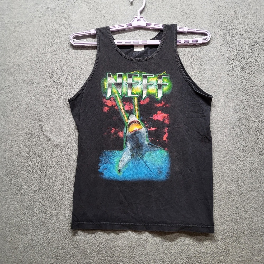 Neff Men Tank Top L Black Graphic Print‎ Shark Sleeveless